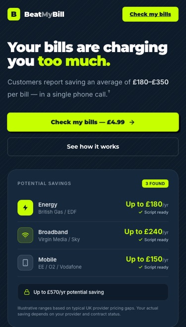 Beat My Bill landing screen on mobile