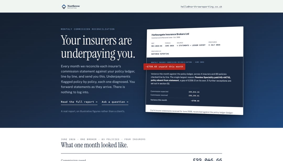Northrow Reporting homepage showing a monthly commission reconciliation report