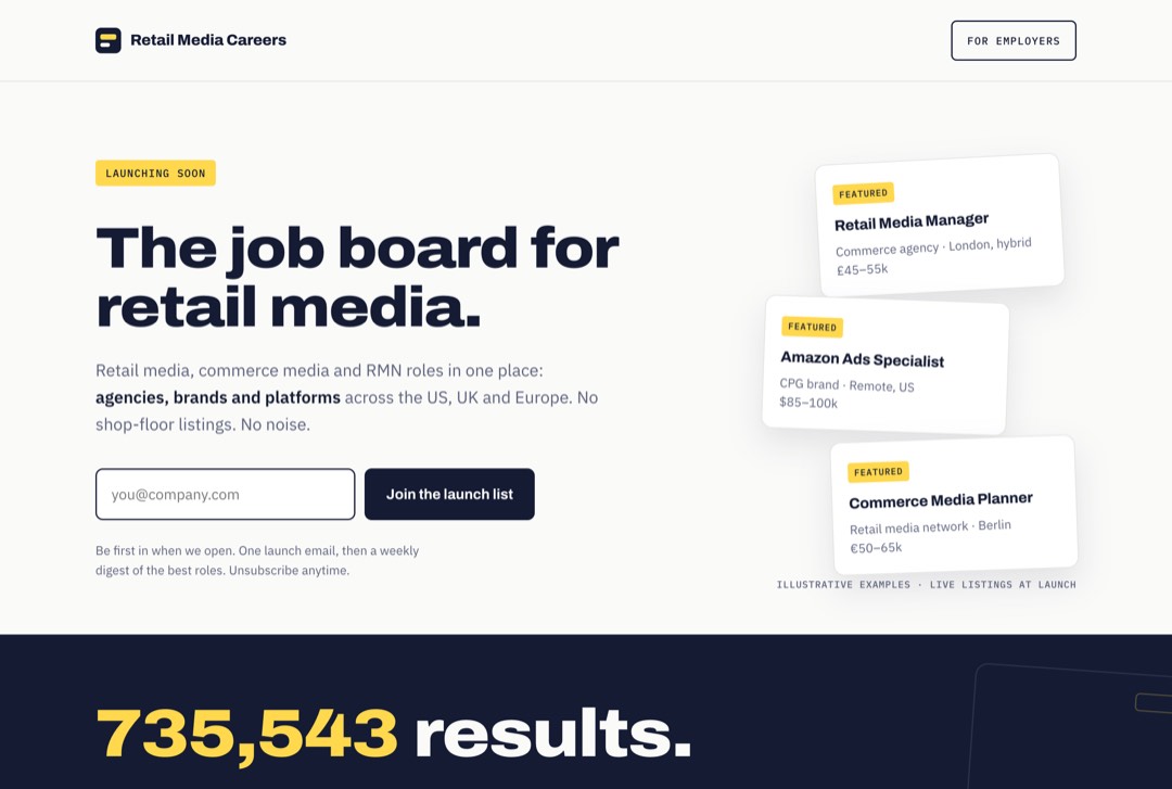Retail Media Careers landing page on desktop